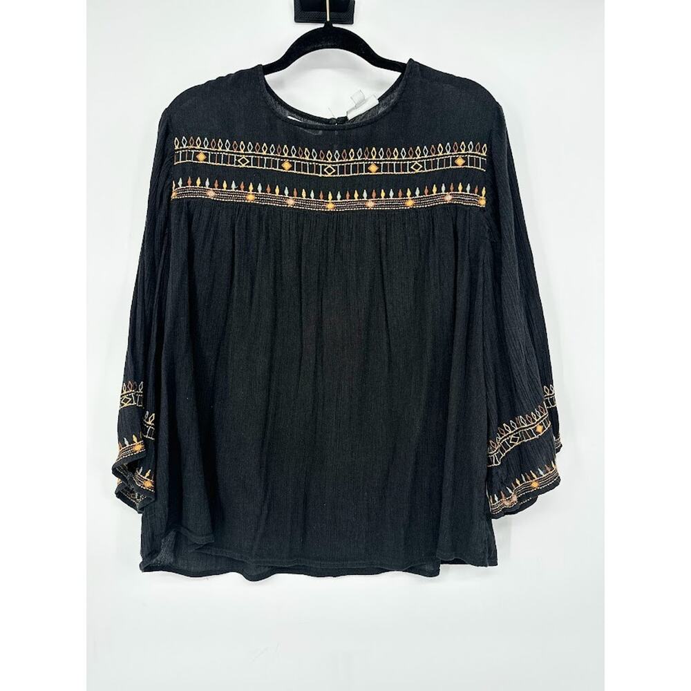 J. Jill Embroidered Peasant Top Black Floral Crinkle Rayon Boho XL Aztec Flowy